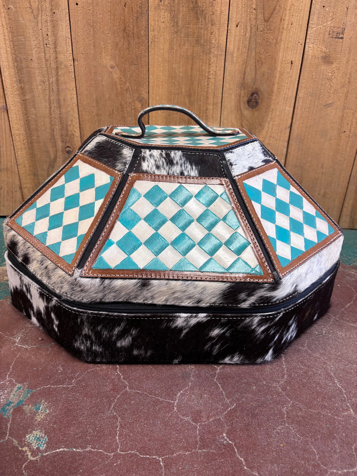Turquoise and White Checkered Cowhide Cowboy Hat Box