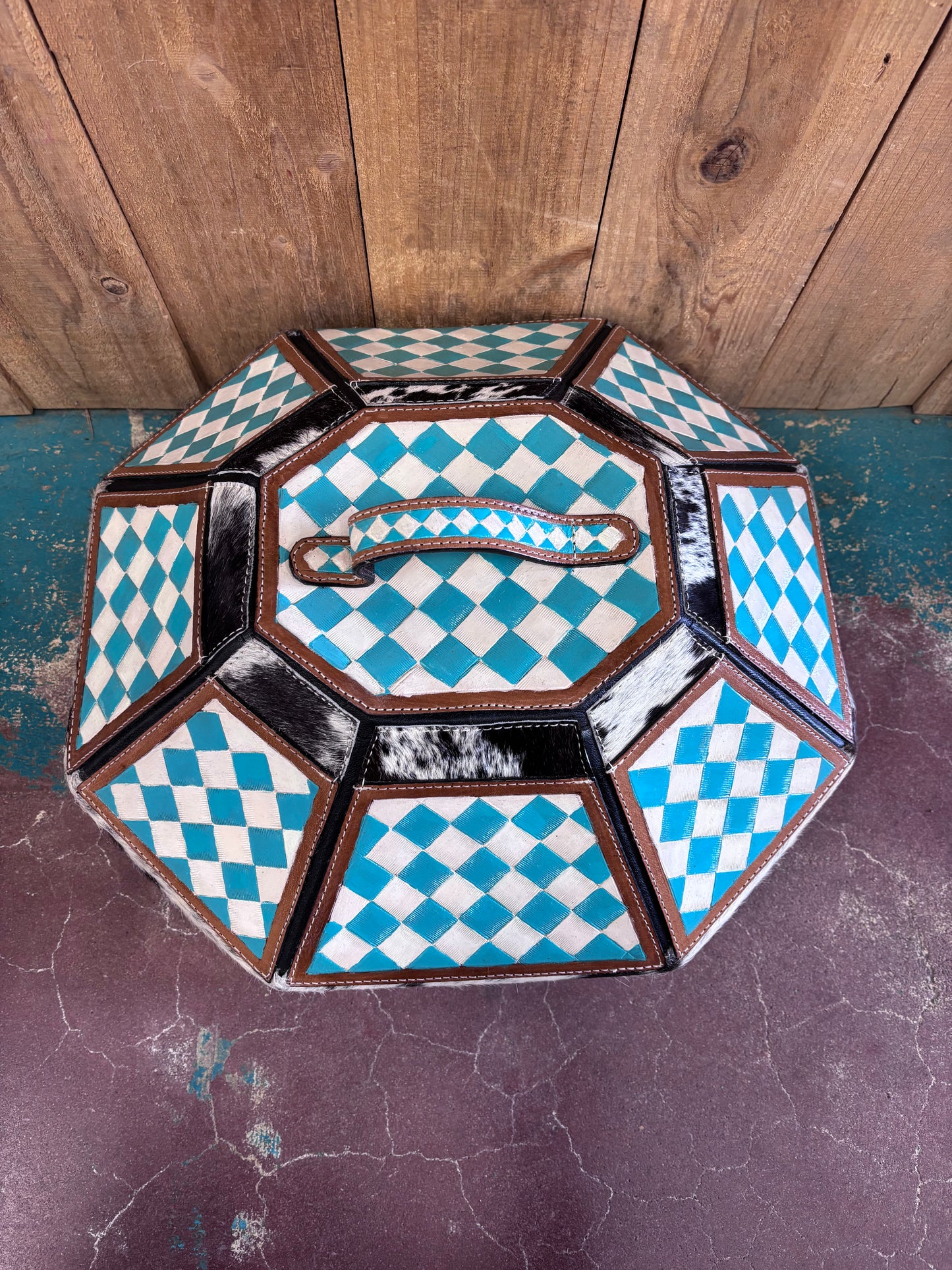 Turquoise and White Checkered Cowhide Cowboy Hat Box