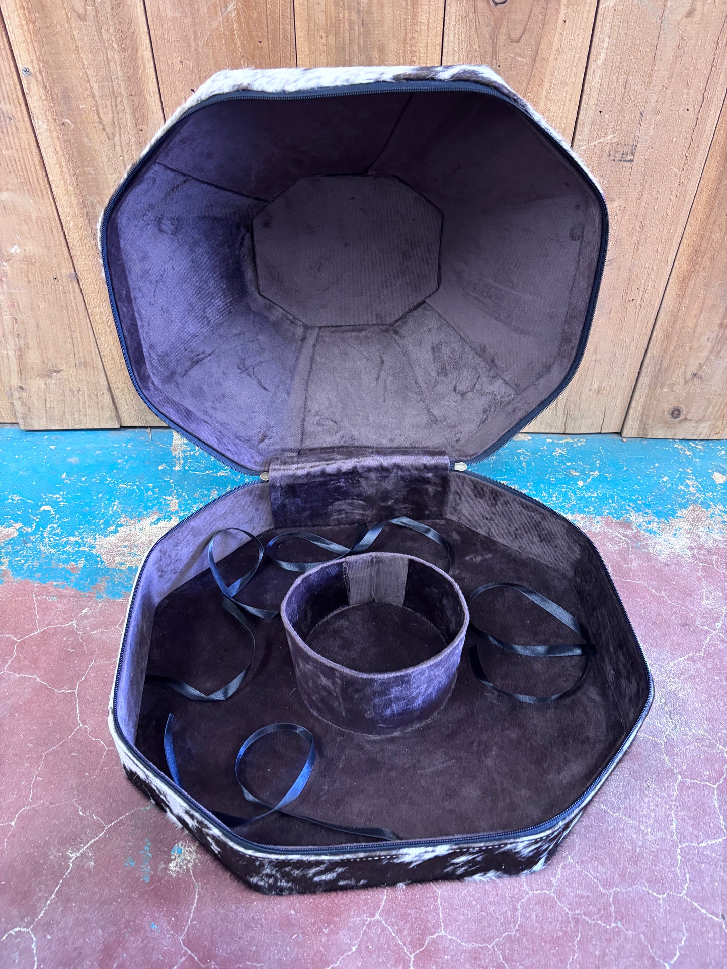 Turquoise and White Checkered Cowhide Cowboy Hat Box