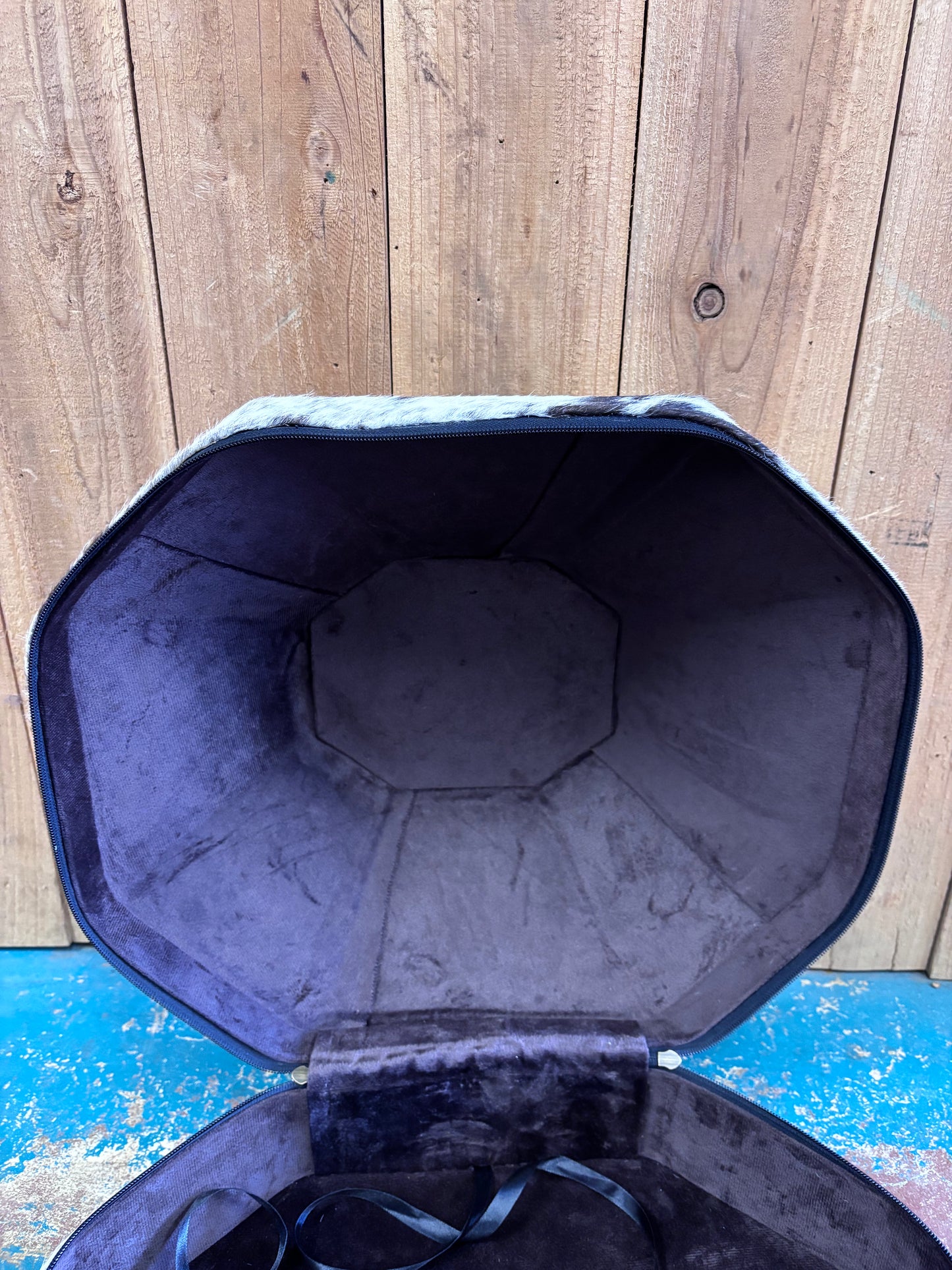 Turquoise and White Checkered Cowhide Cowboy Hat Box