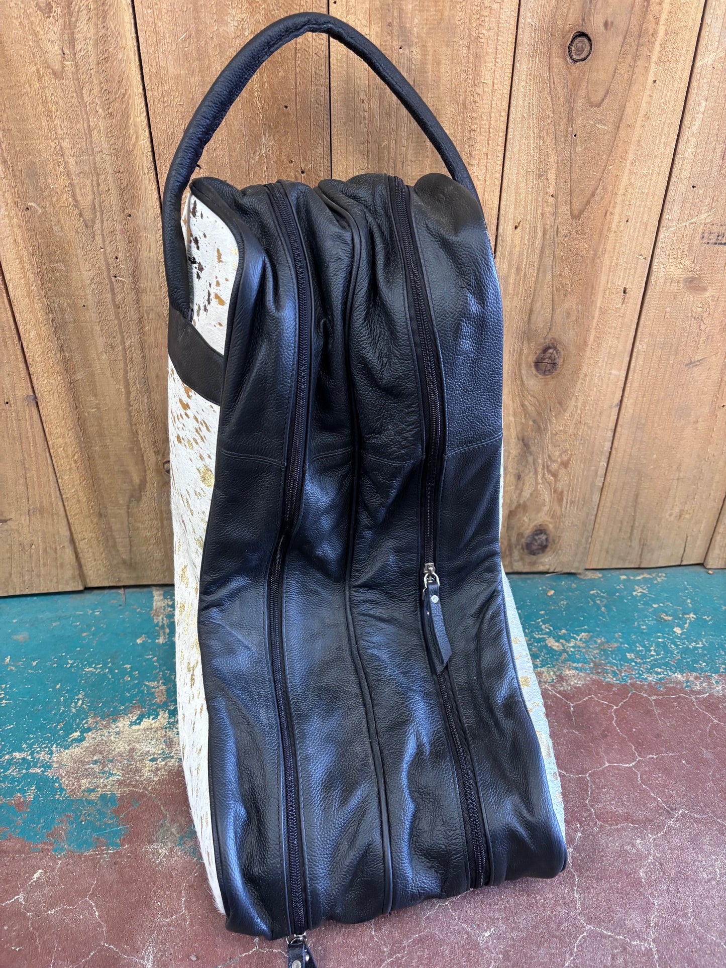 Gold Spotted White Cowhide Boot Bag