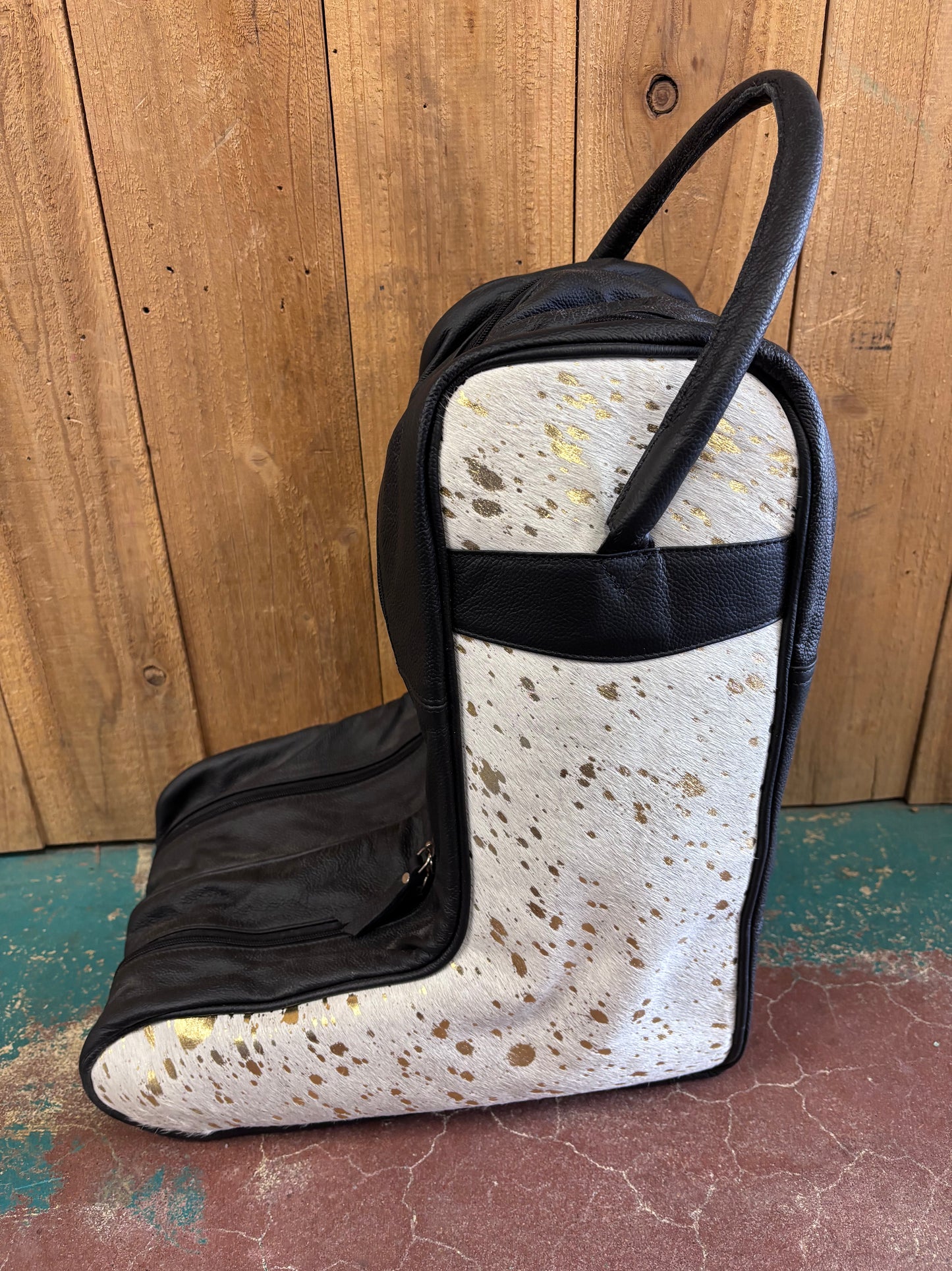 Gold Spotted White Cowhide Boot Bag