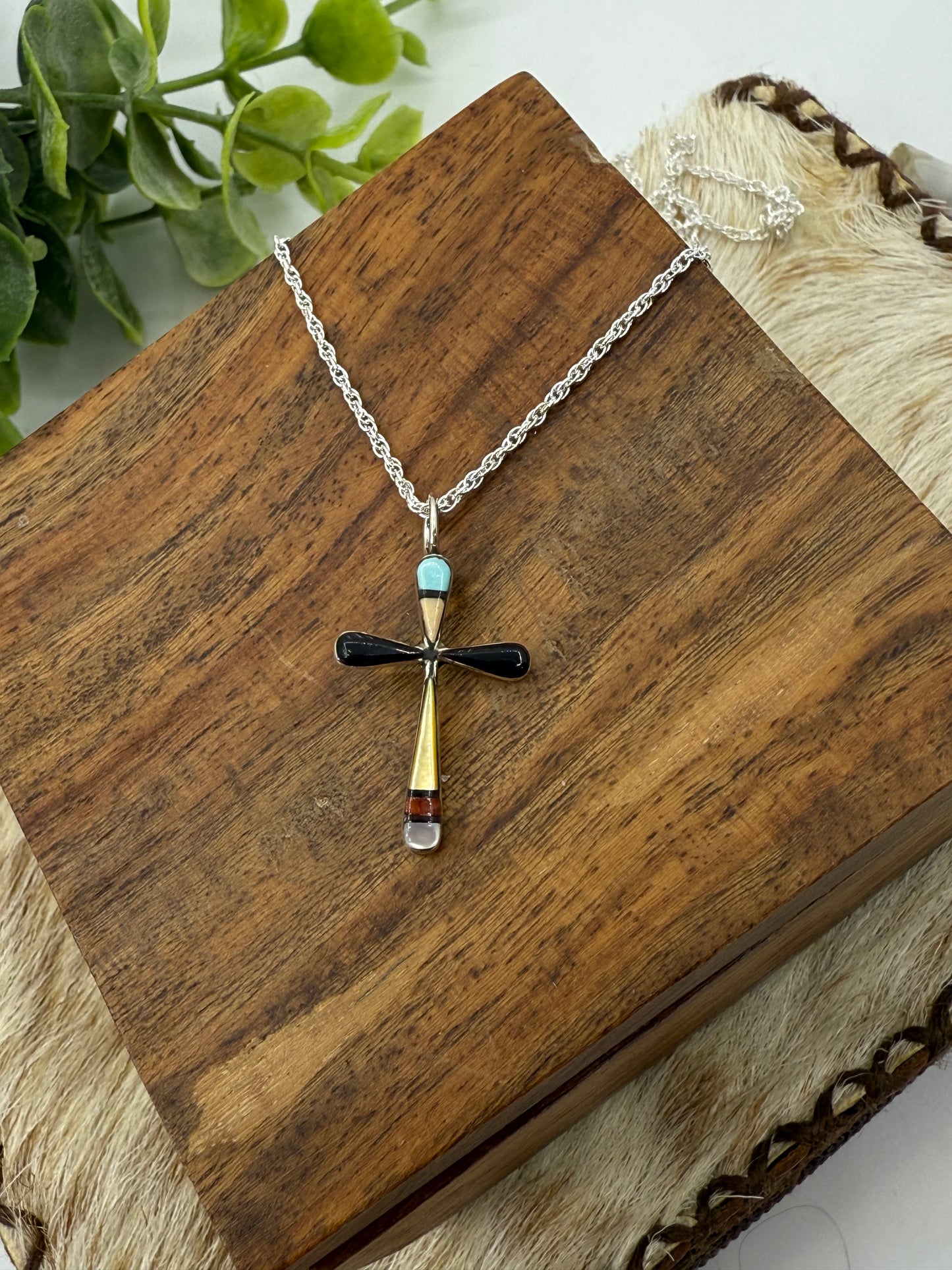 16" INLAY CROSS PENDANT 4 MM BAIL BY SYLVESTER NOCHE, Zuni
