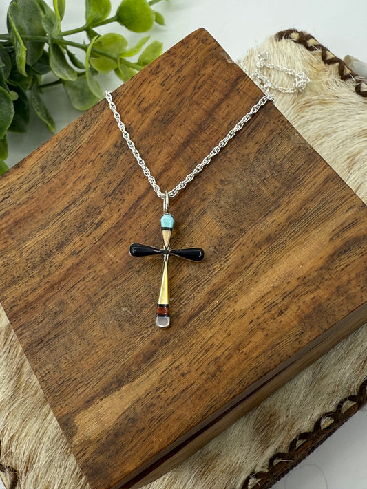 16" INLAY CROSS PENDANT 4 MM BAIL BY SYLVESTER NOCHE, Zuni