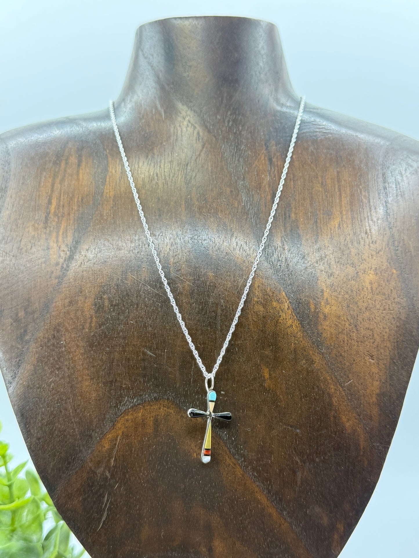 16" INLAY CROSS PENDANT 4 MM BAIL BY SYLVESTER NOCHE, Zuni