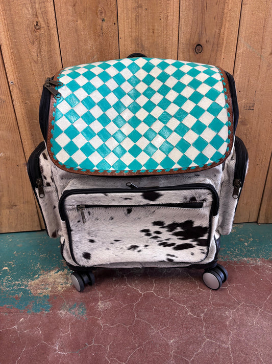 Turquoise and White Checkered Cowhide Suitcase