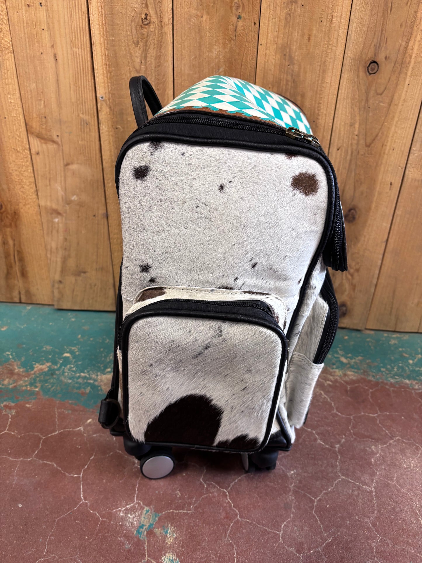 Turquoise and White Checkered Cowhide Suitcase