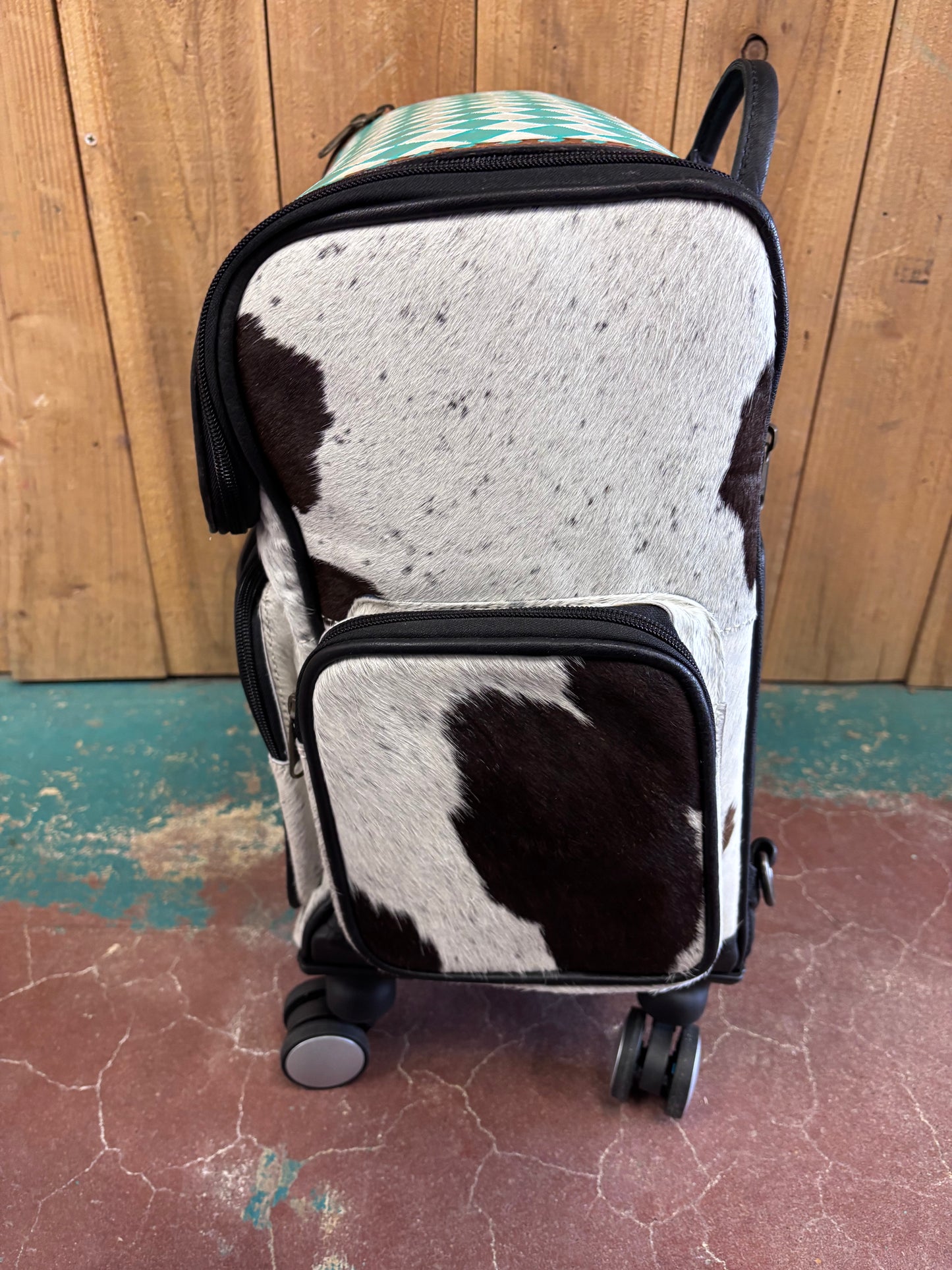 Turquoise and White Checkered Cowhide Suitcase