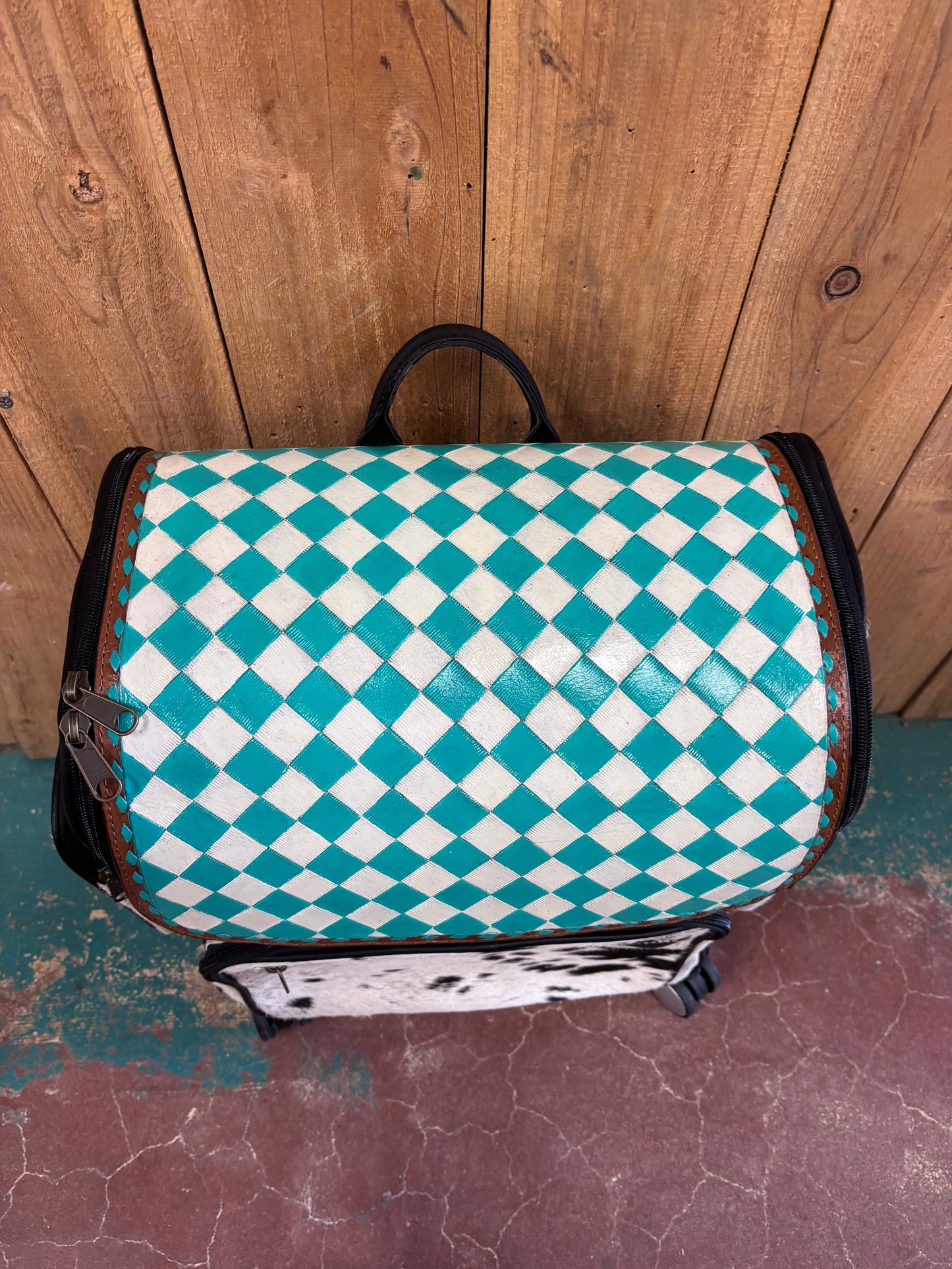 Turquoise and White Checkered Cowhide Suitcase