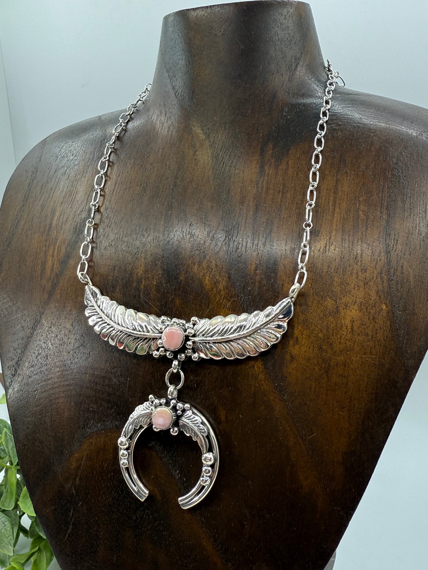 17" PINK CONCH FEATHER & NAJA NECKLACE BY LORETTA DELGARITO, Navajo