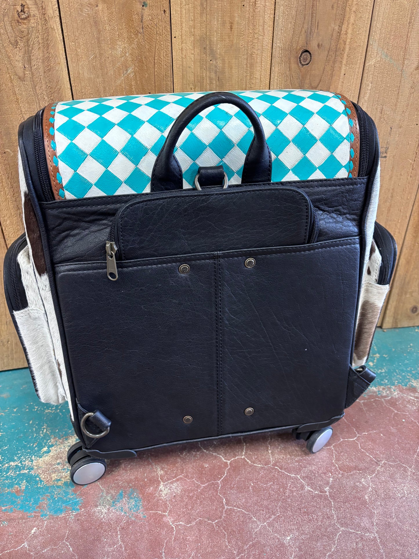 Turquoise and White Checkered Cowhide Suitcase