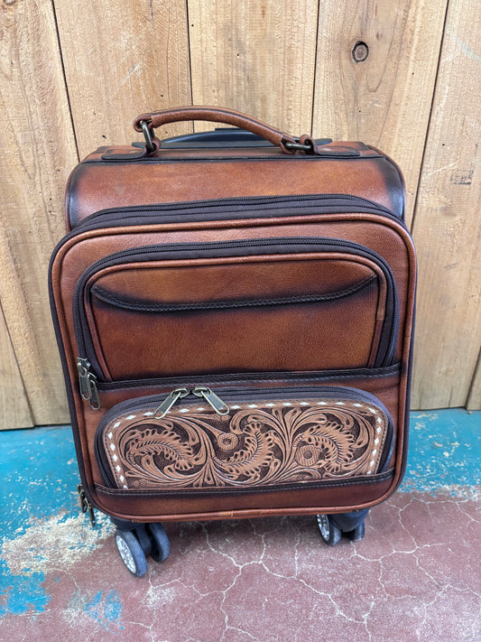 Small Brown Tooled Leather Suitcase