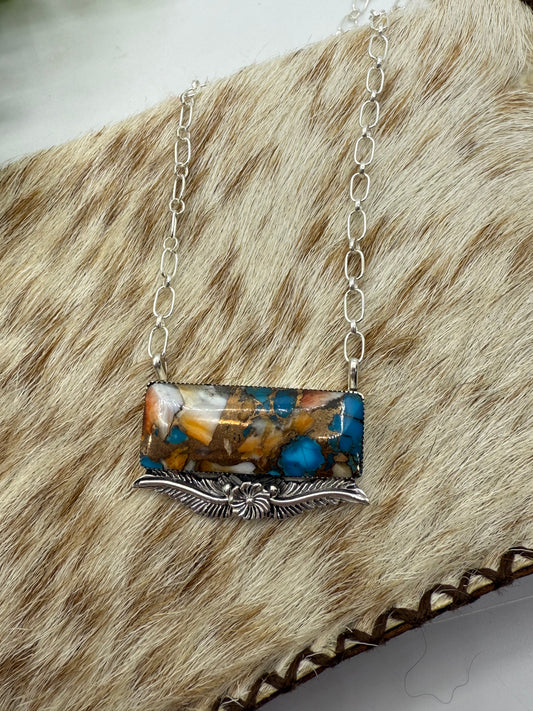 19" ORANGE CRUSH BAR NECKLACE WITH FEATHER & FLOWER