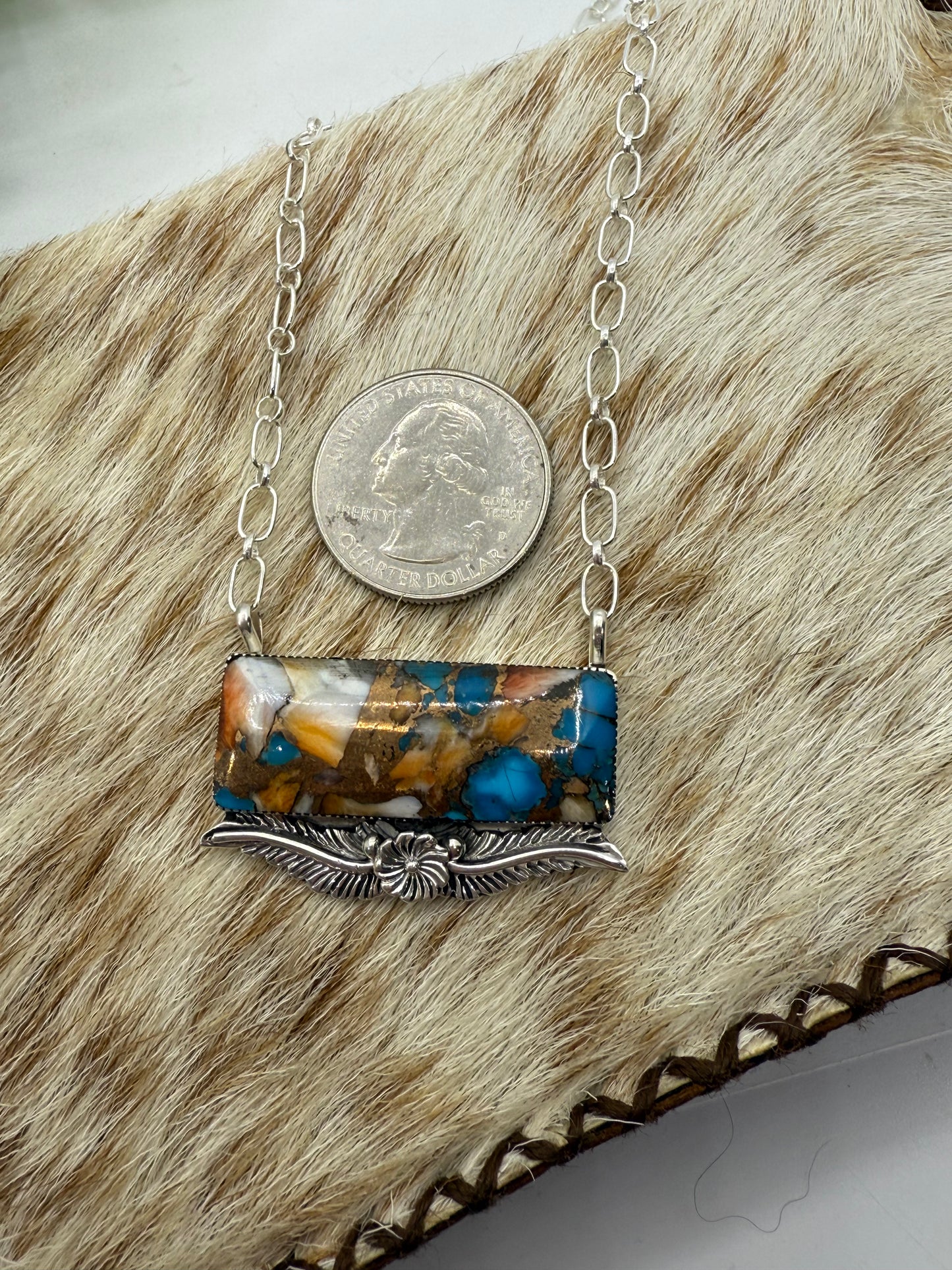 19" ORANGE CRUSH BAR NECKLACE WITH FEATHER & FLOWER