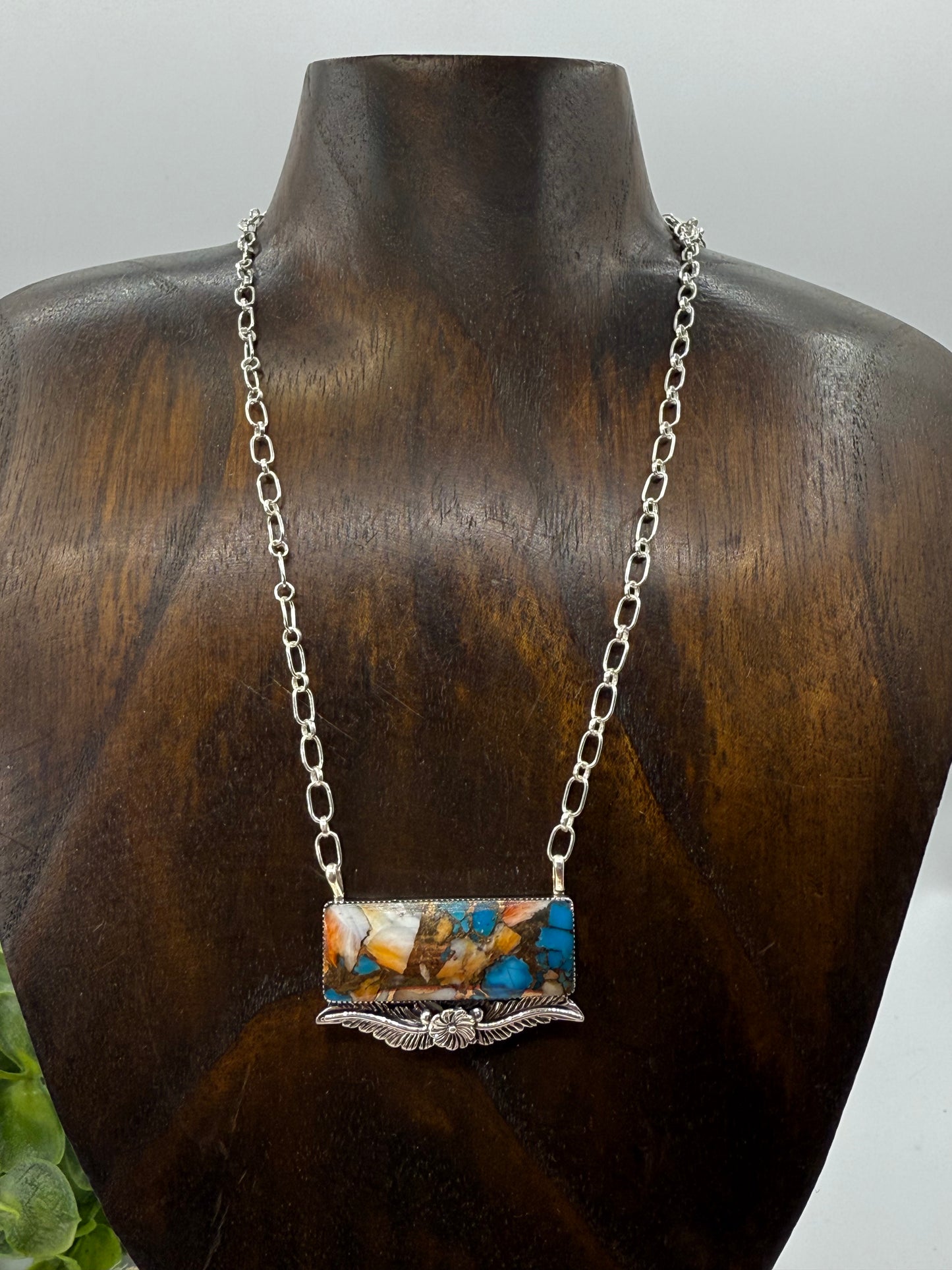 19" ORANGE CRUSH BAR NECKLACE WITH FEATHER & FLOWER