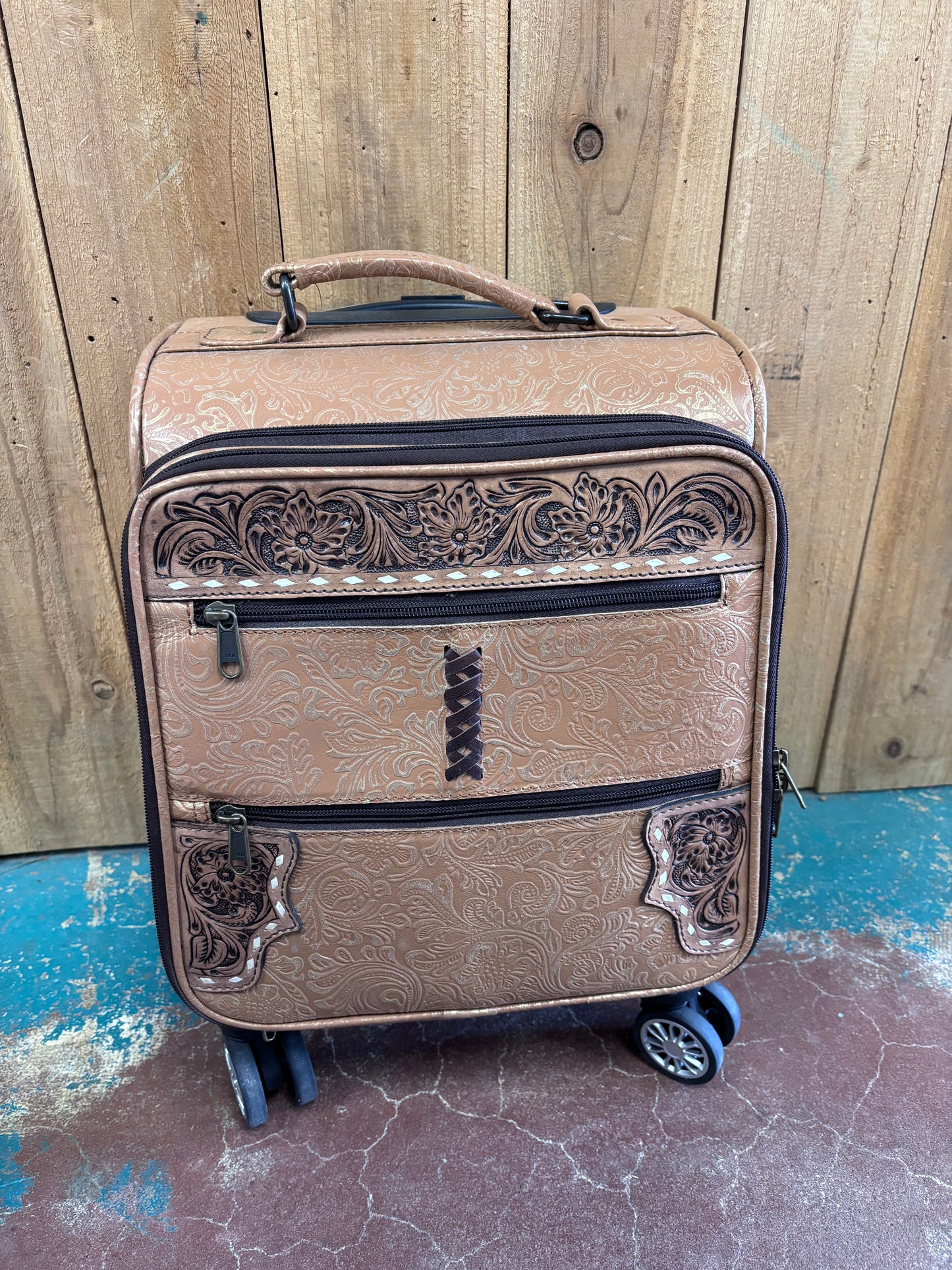 Small Tan Light Gold Flower Tooled Suitcase