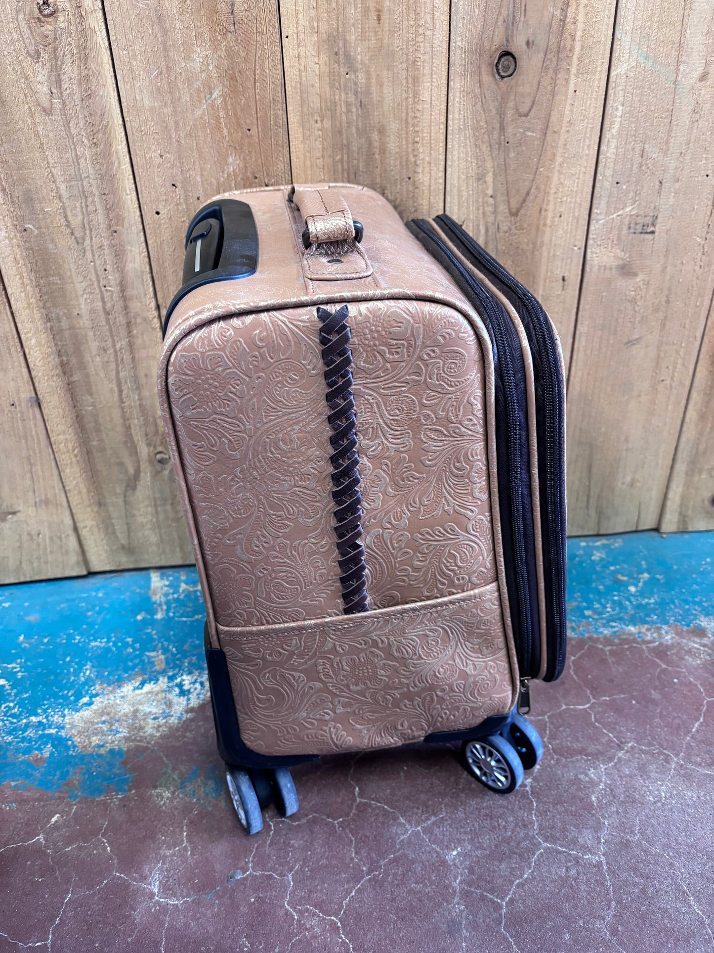 Small Tan Light Gold Flower Tooled Suitcase