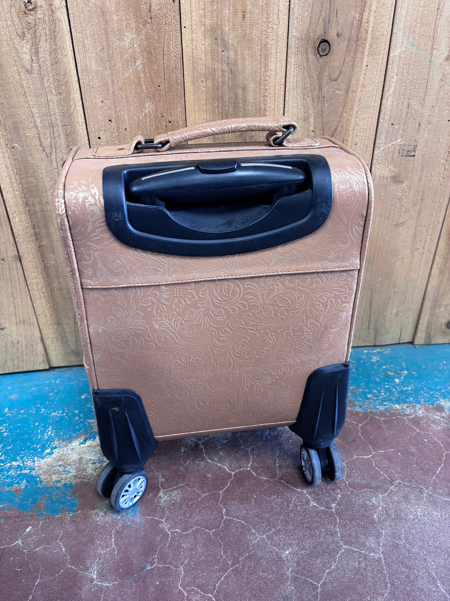 Small Tan Light Gold Flower Tooled Suitcase