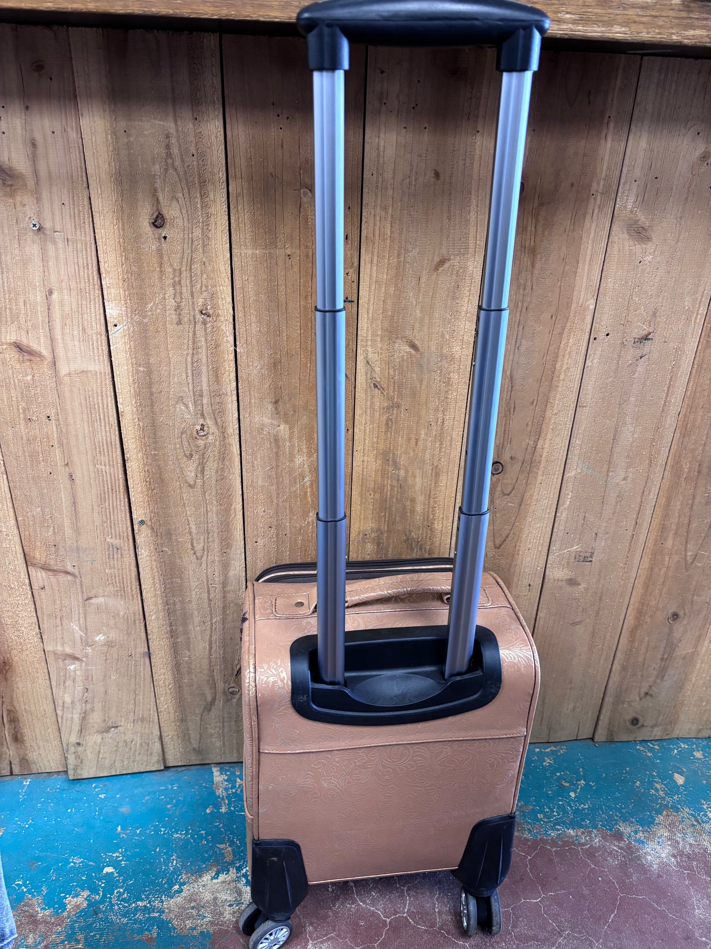 Small Tan Light Gold Flower Tooled Suitcase