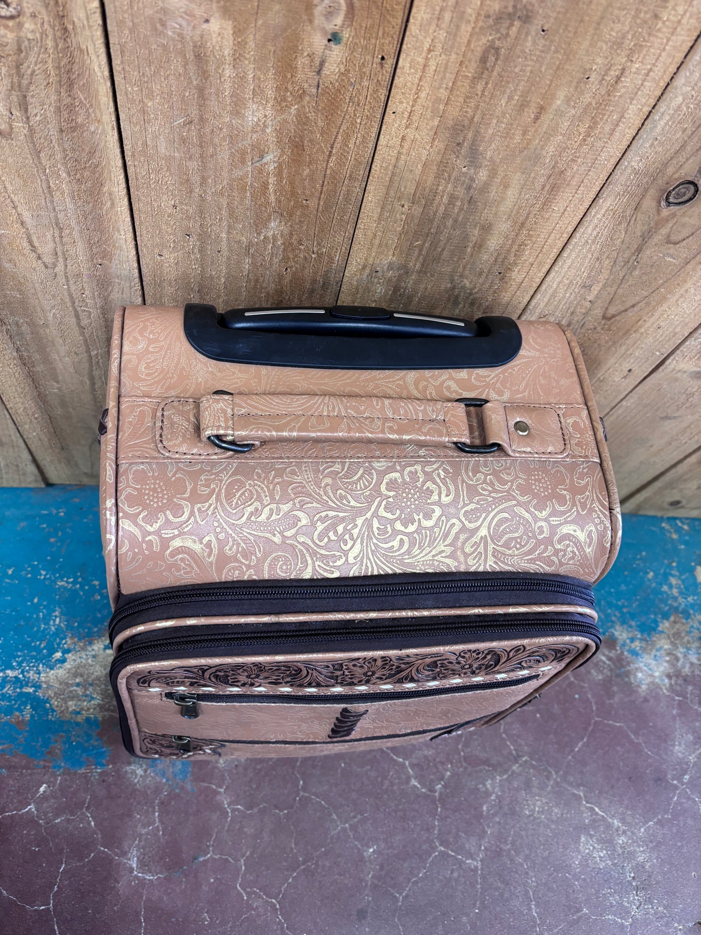 Small Tan Light Gold Flower Tooled Suitcase