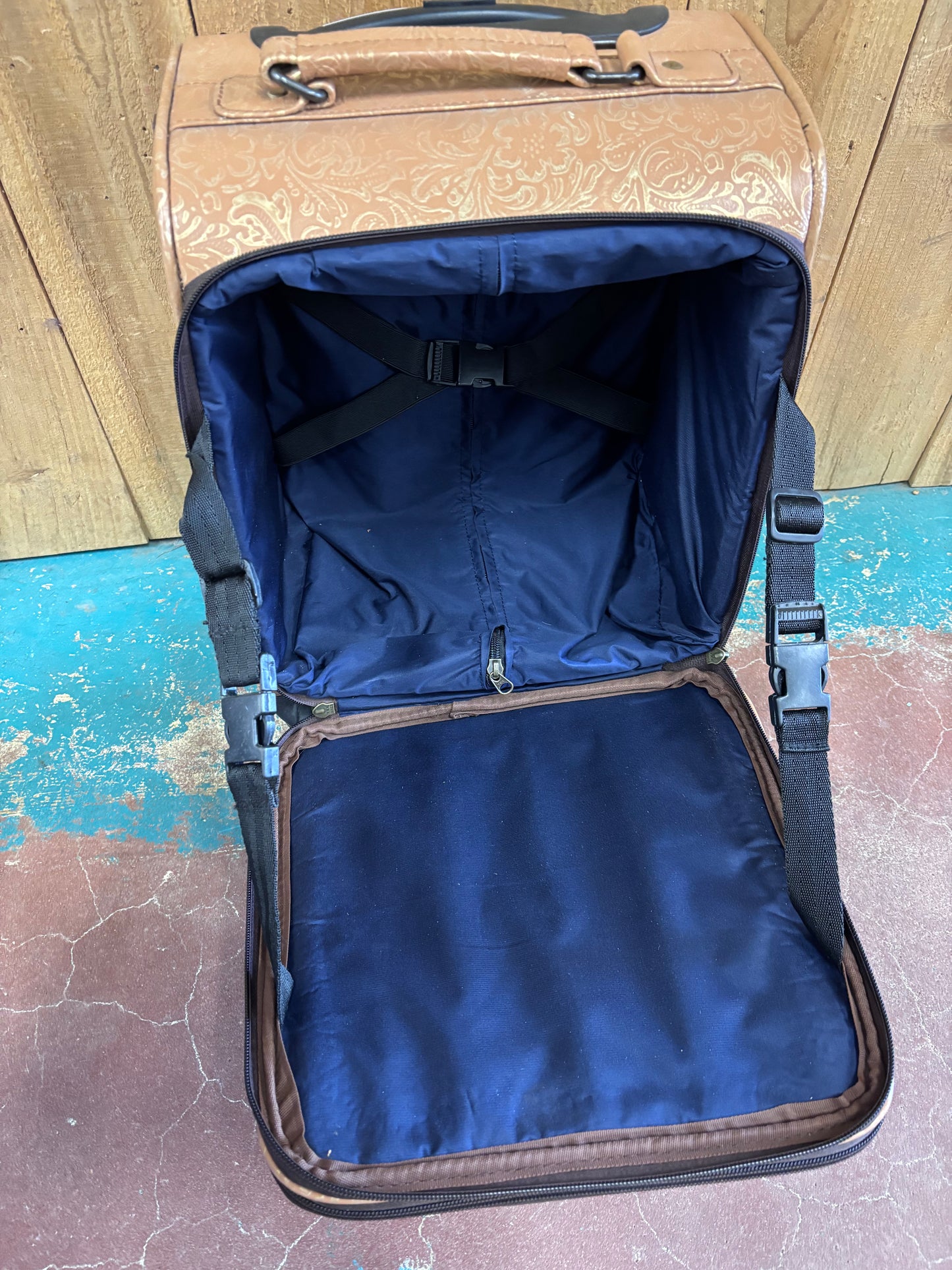 Small Tan Light Gold Flower Tooled Suitcase