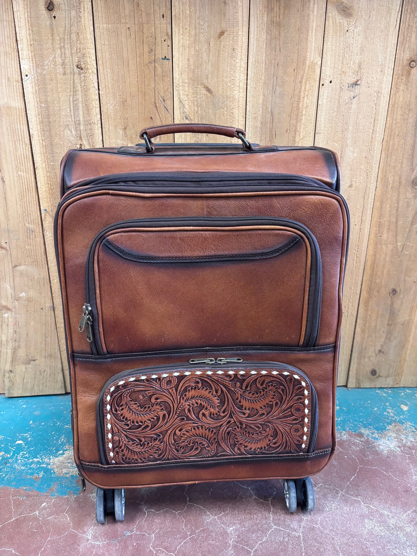 Large Brown Tooled Leather Suitcase