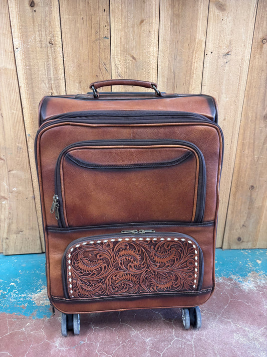 Large Brown Tooled Leather Suitcase