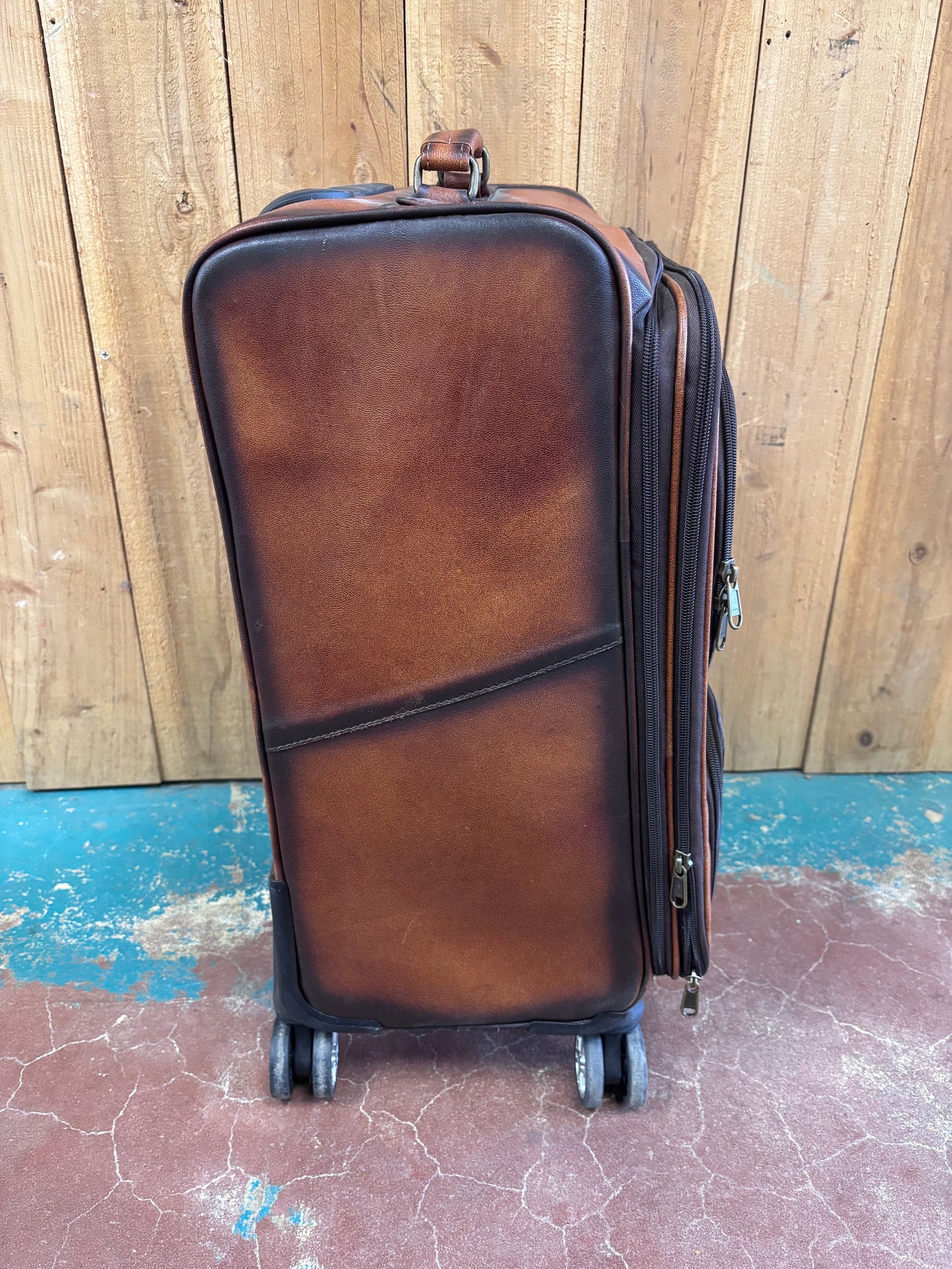 Large Brown Tooled Leather Suitcase