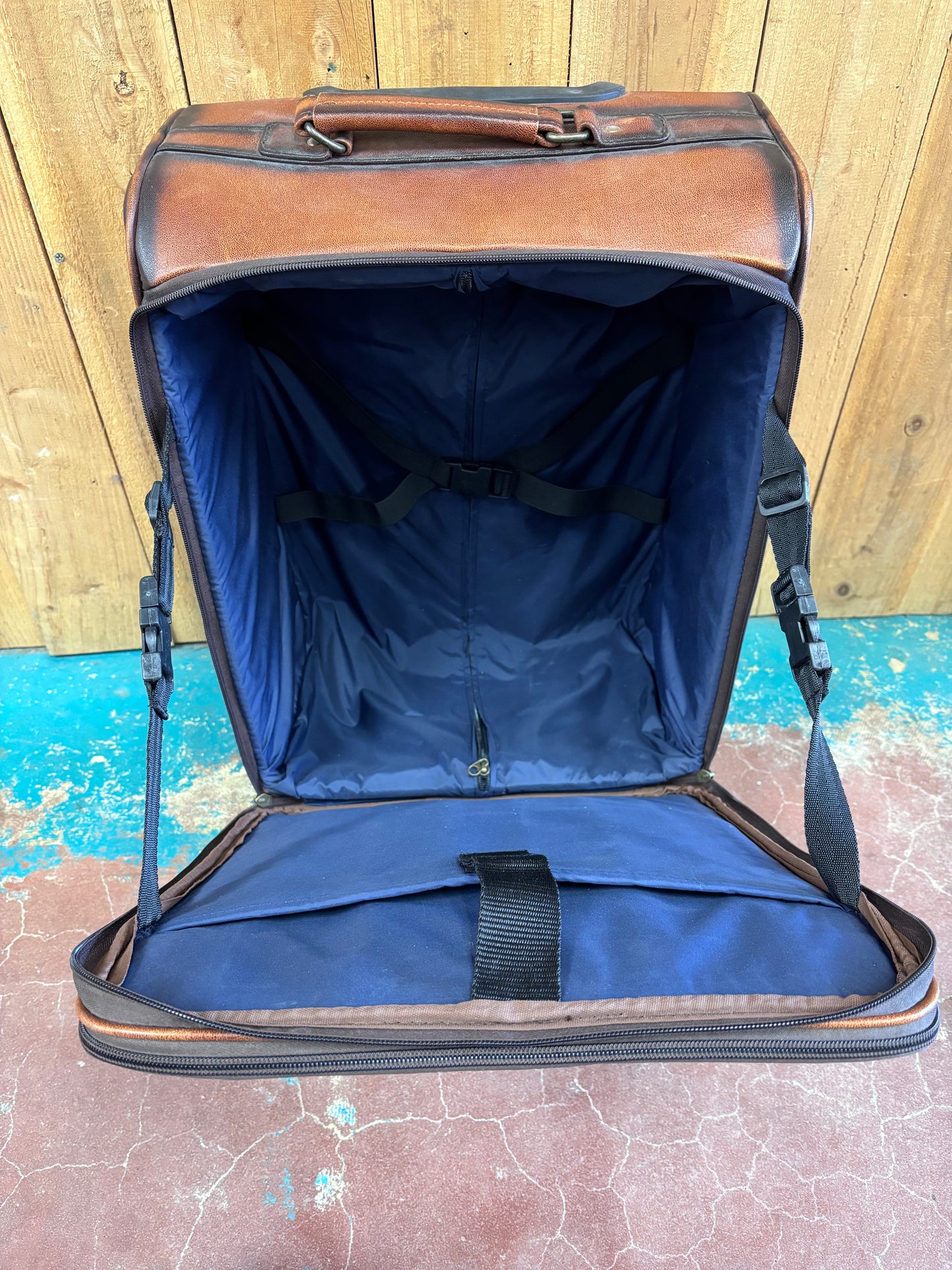 Large Brown Tooled Leather Suitcase