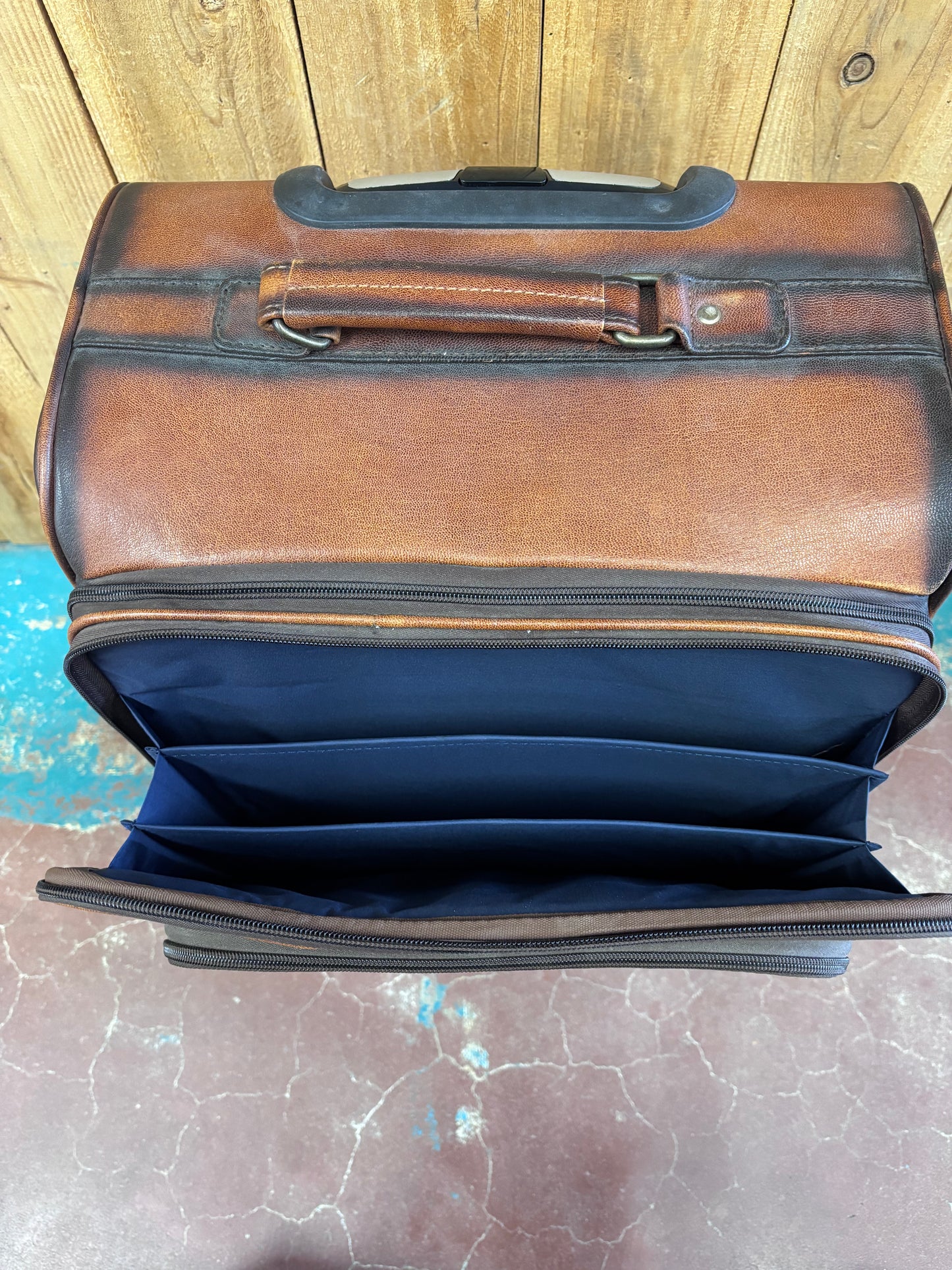 Large Brown Tooled Leather Suitcase