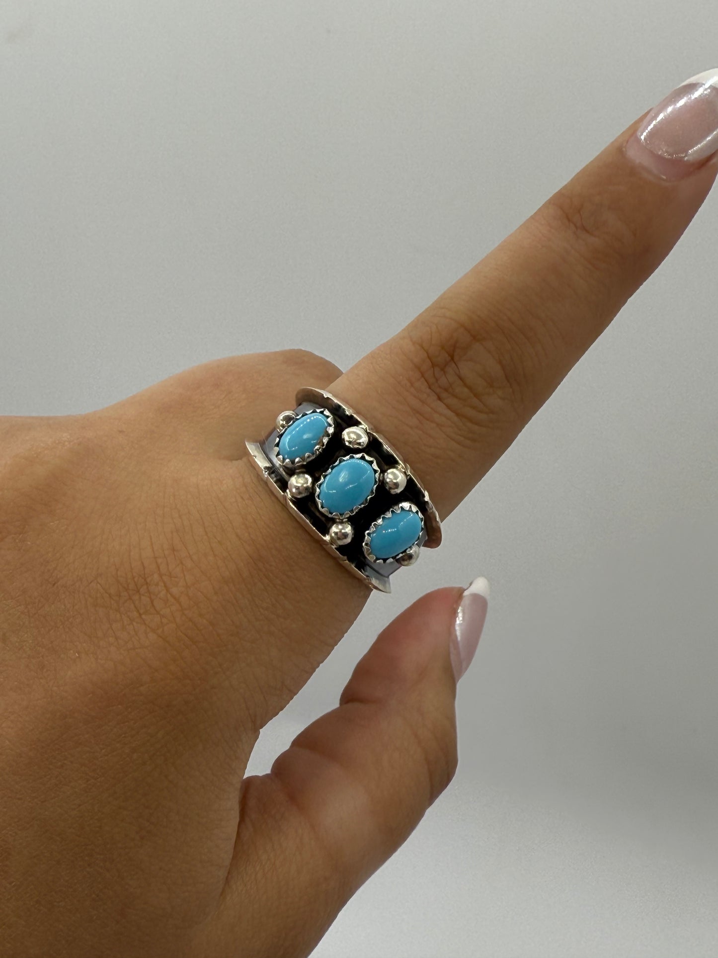 12.0 Three Stone Turquoise Ring by Reed Charley, Navajo