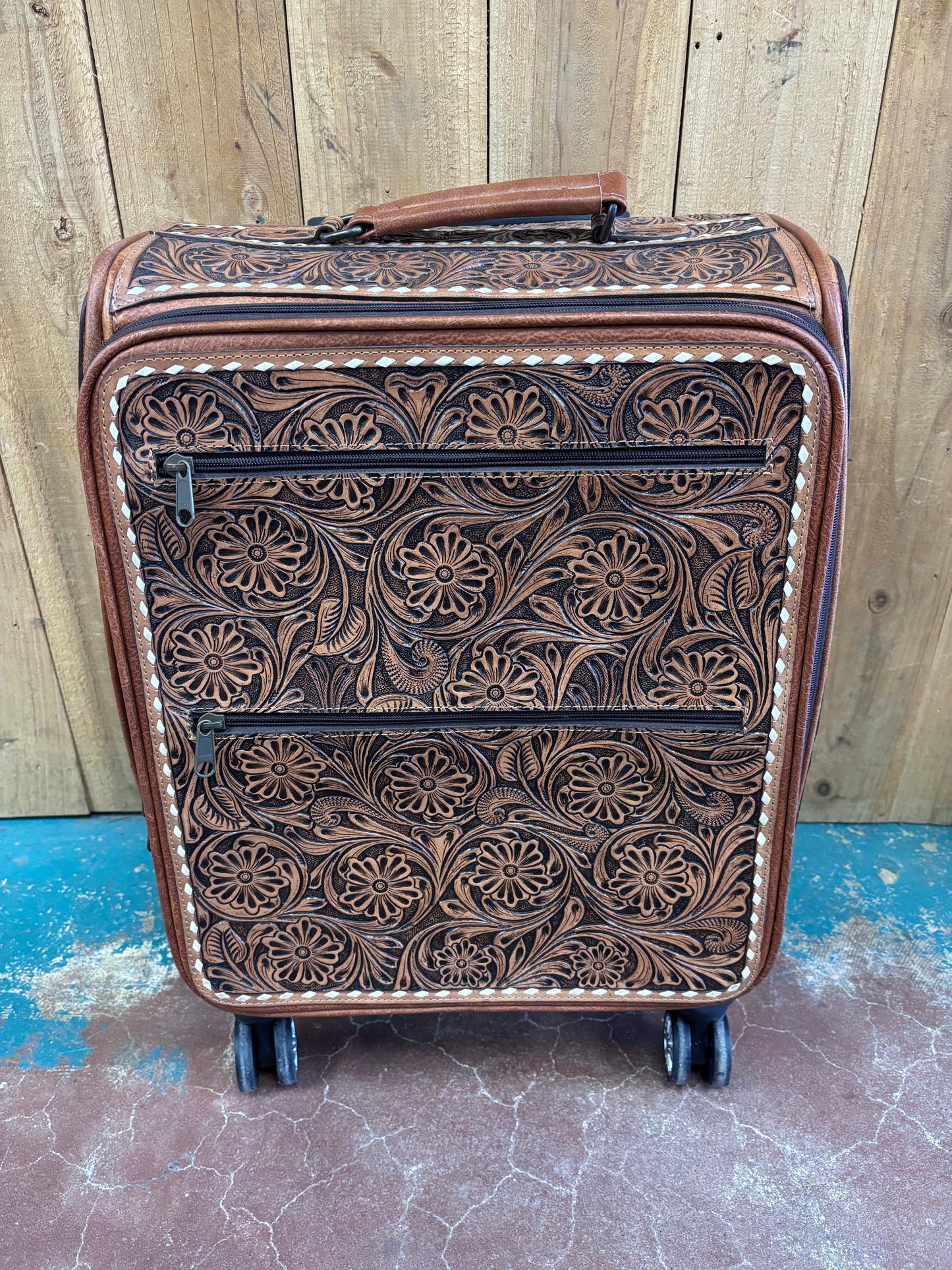 Large Brown Flower Tooled Buck Stitched Suitcase