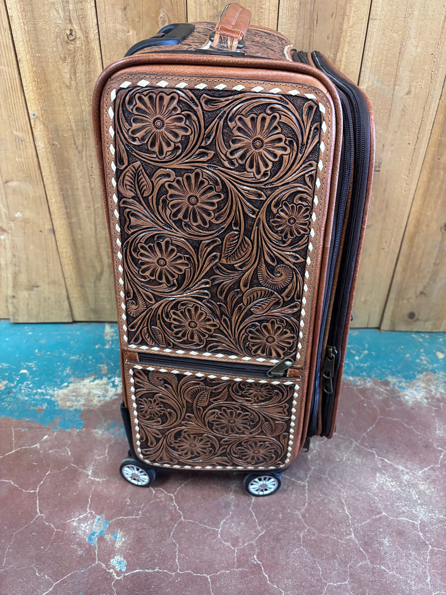 Large Brown Flower Tooled Buck Stitched Suitcase