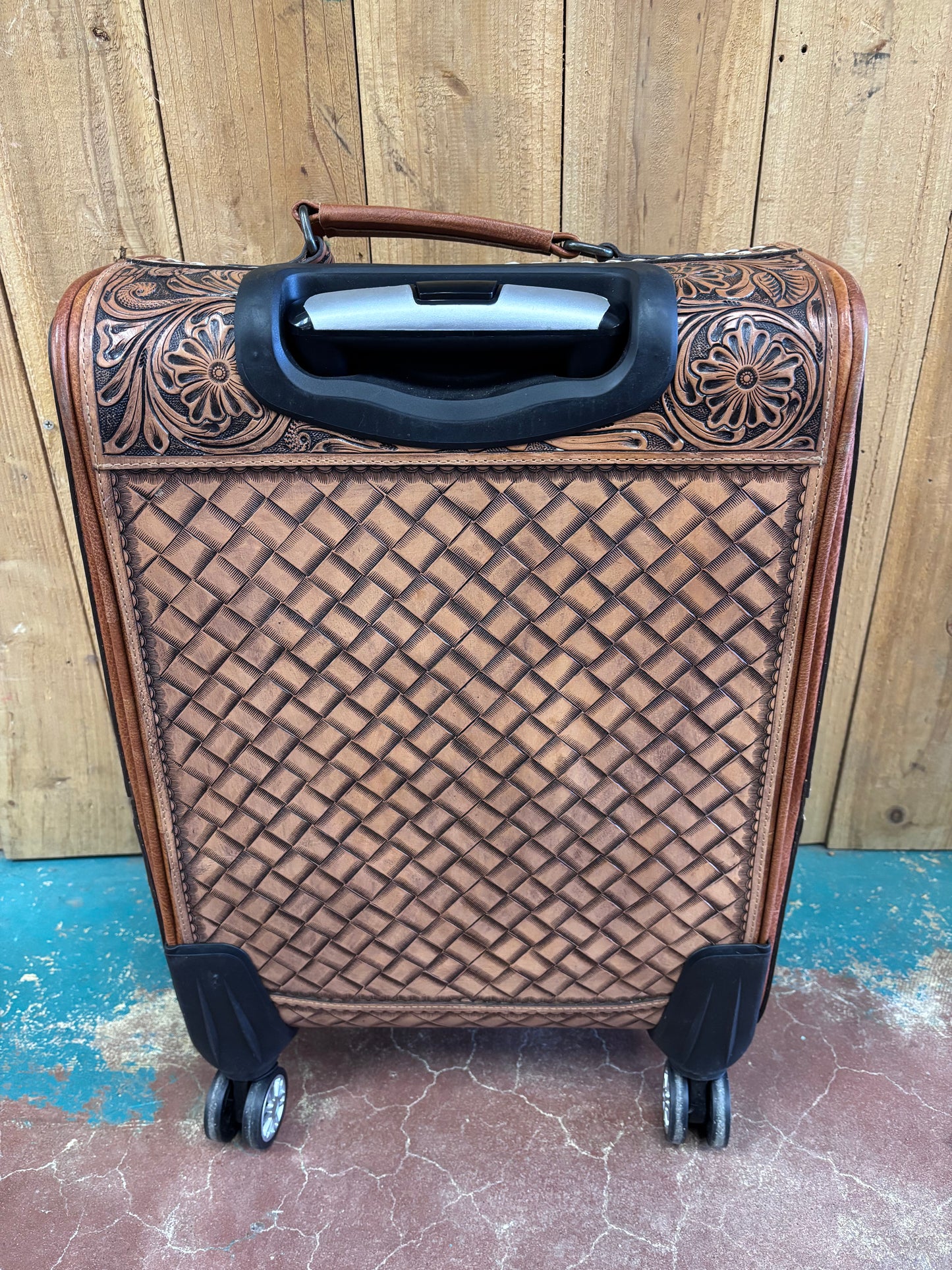 Large Brown Flower Tooled Buck Stitched Suitcase