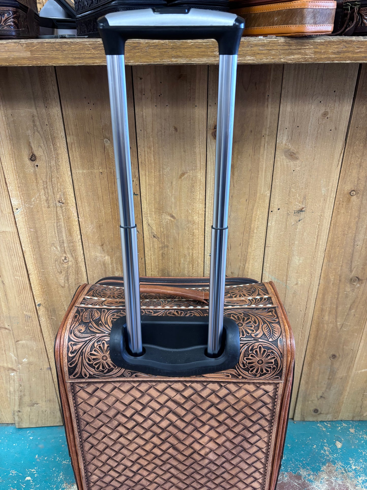 Large Brown Flower Tooled Buck Stitched Suitcase