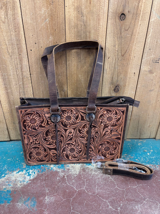 Brown Sunflower Tooled Leather Handbag Purse