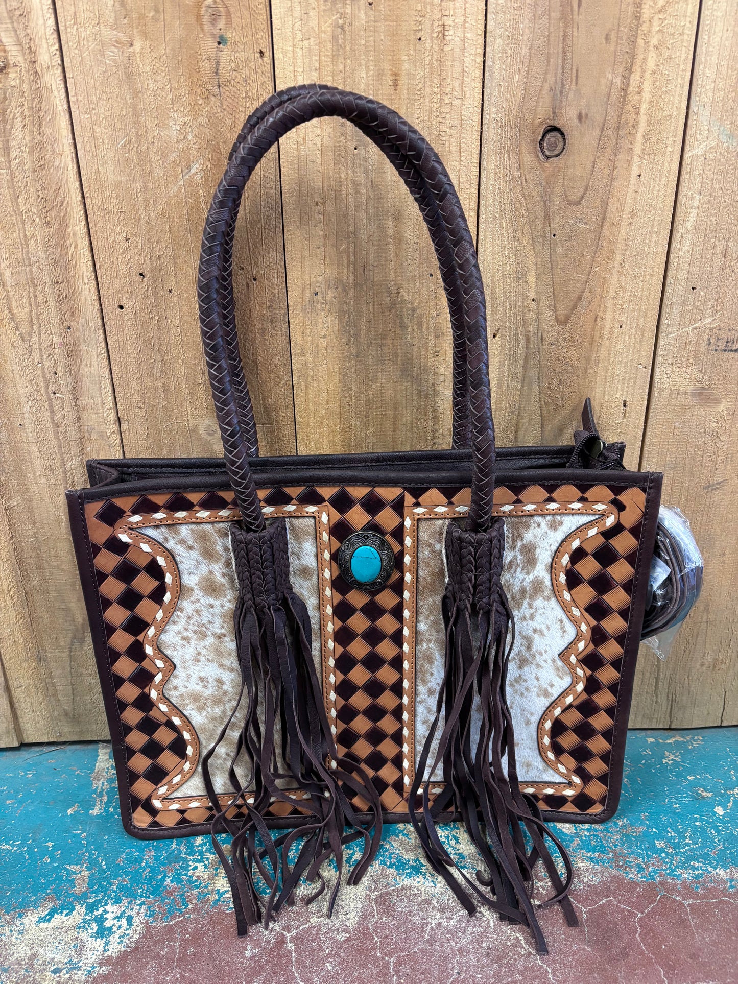 Version 1 Brown Checkered Cowhide Turquoise Stone Leather Purse