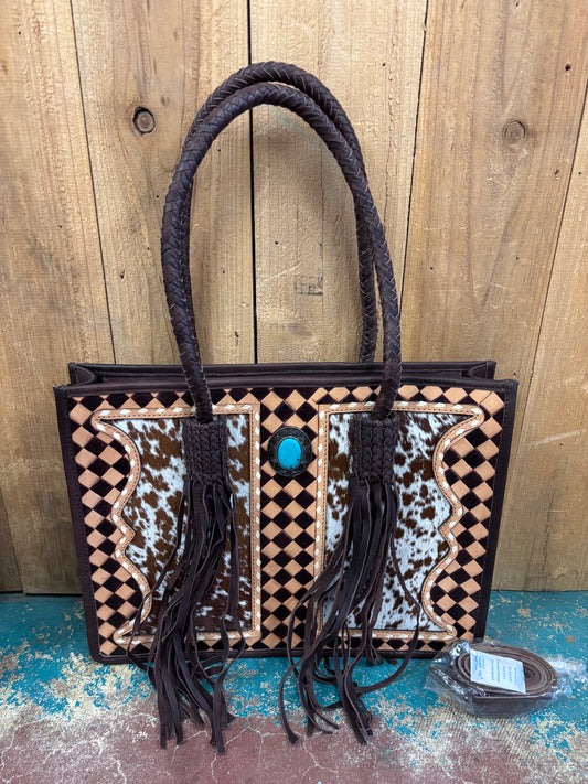 Version 2 Brown Checkered Cowhide Turquoise Stone Leather Purse