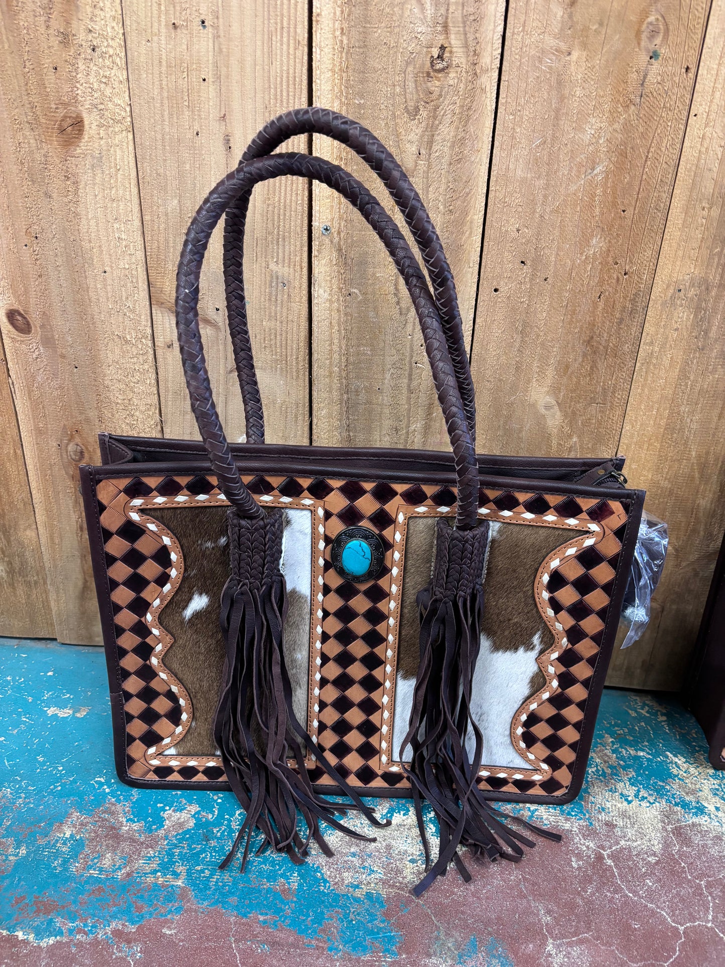 Version 3 Brown Checkered Cowhide Turquoise Stone Leather Purse
