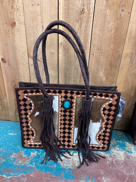Version 3 Brown Checkered Cowhide Turquoise Stone Leather Purse