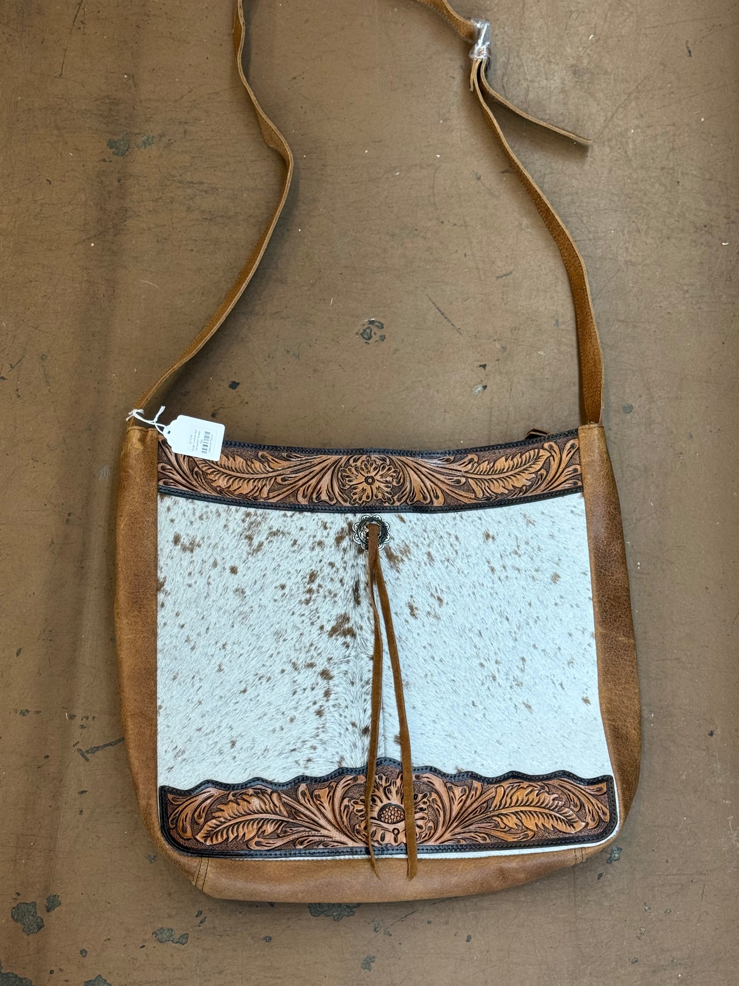 Large Cowhide Hair On Leather Tooled Bag