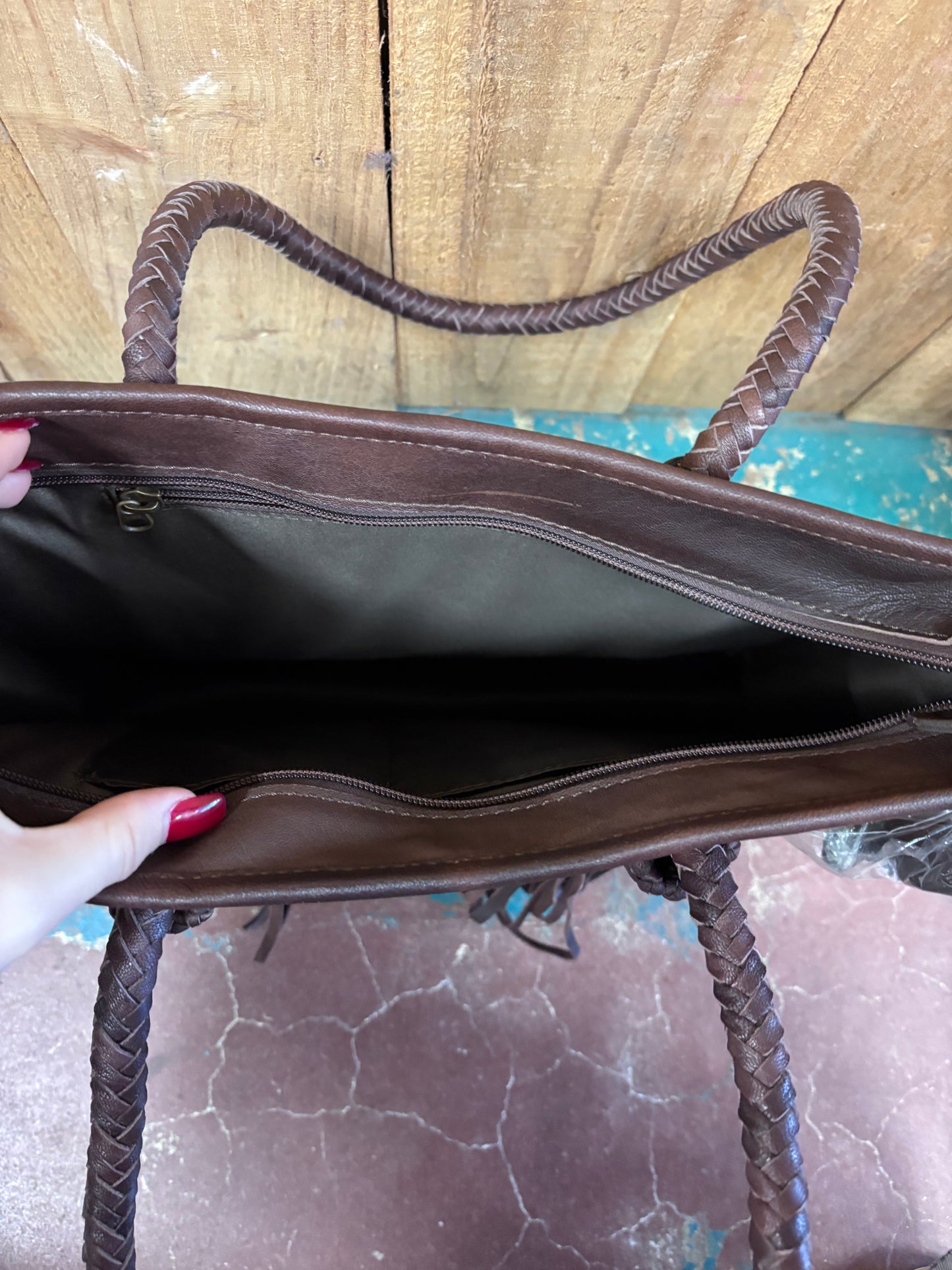 Version 3 Brown Checkered Cowhide Turquoise Stone Leather Purse