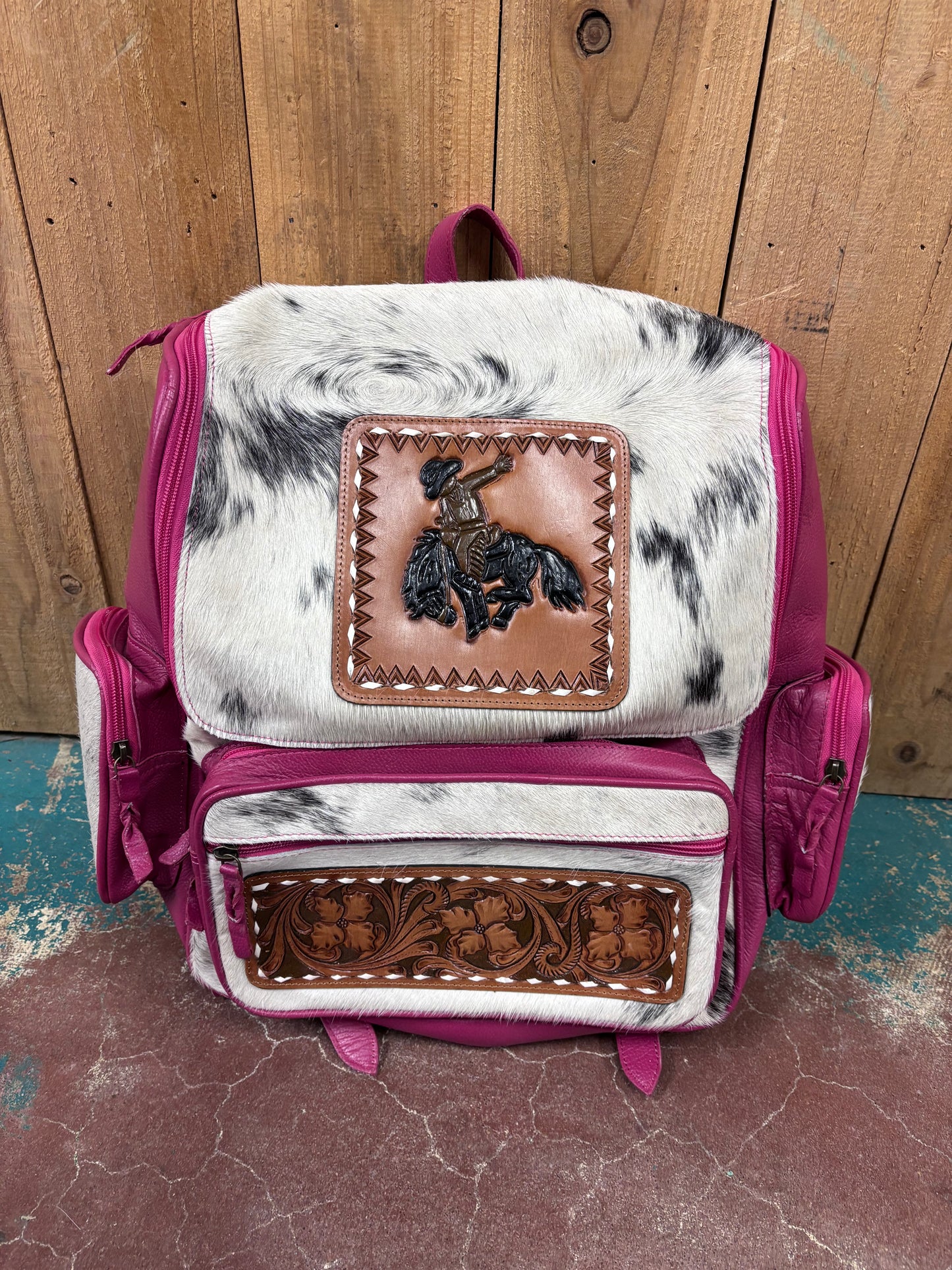 Cowhide Pink Leather Bronc Rider Tooled Backpack