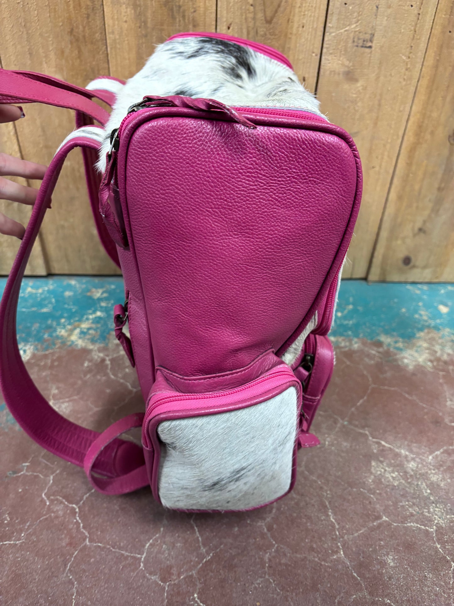 Cowhide Pink Leather Bronc Rider Tooled Backpack
