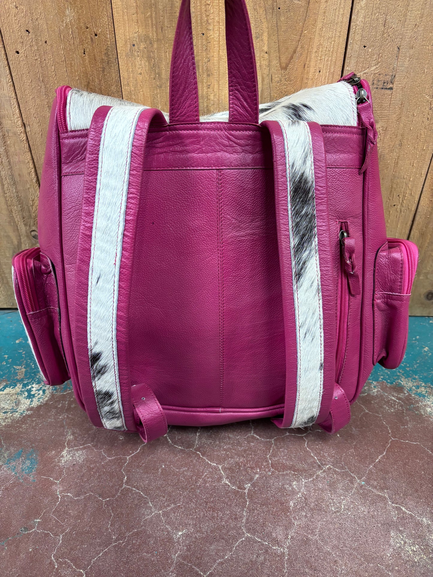 Cowhide Pink Leather Bronc Rider Tooled Backpack