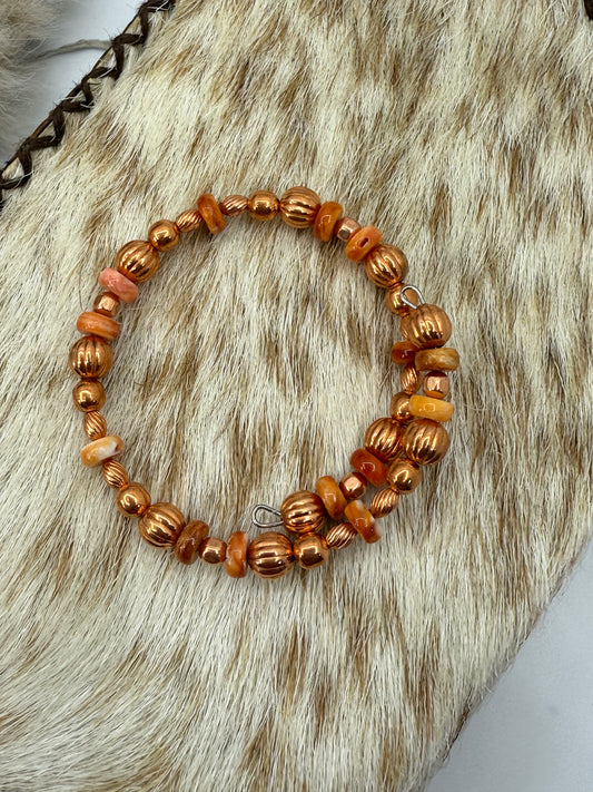 Copper Bead & Orange Spiny Oyster Memory Wire Bracelet