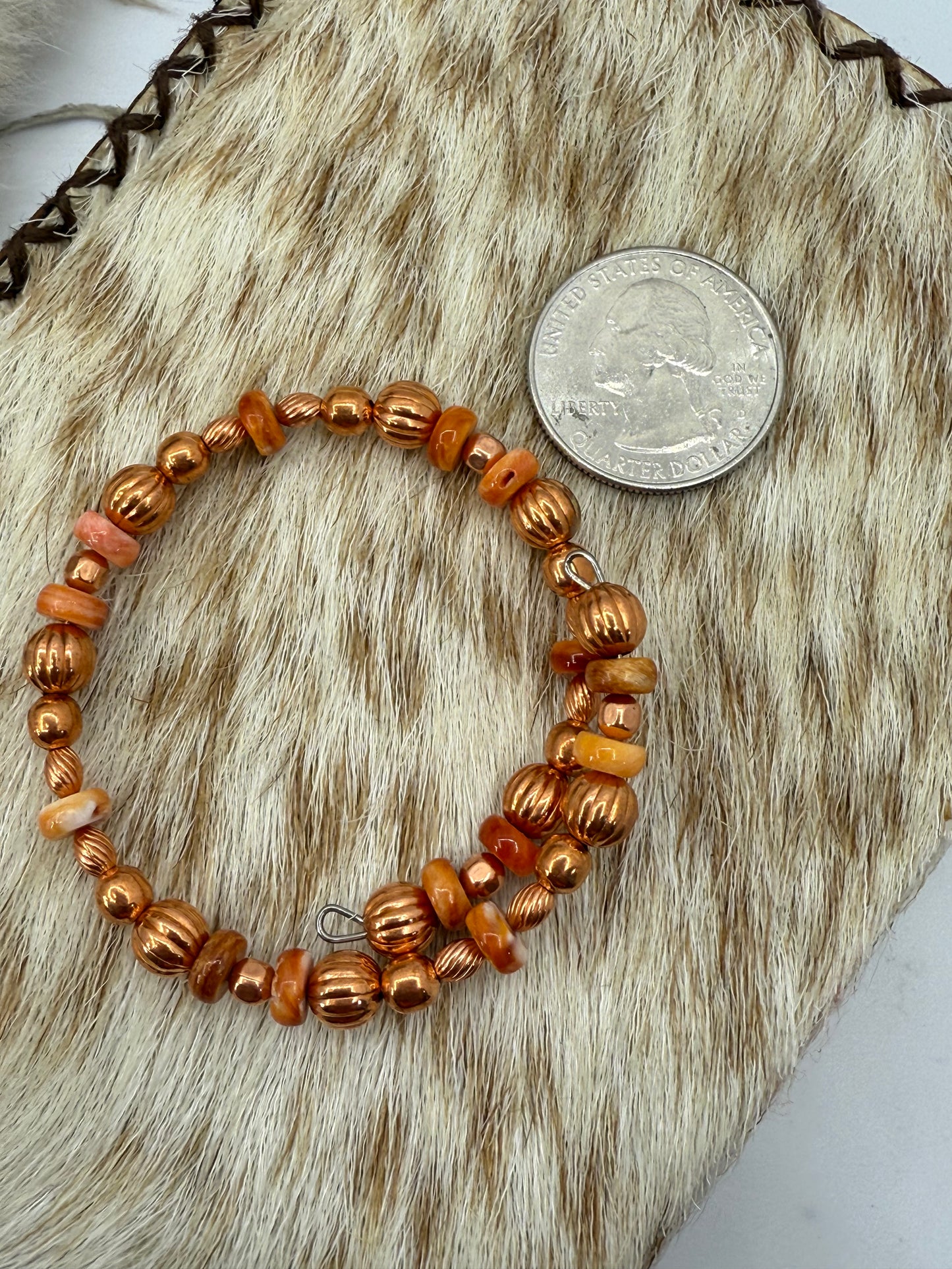 Copper Bead & Orange Spiny Oyster Memory Wire Bracelet
