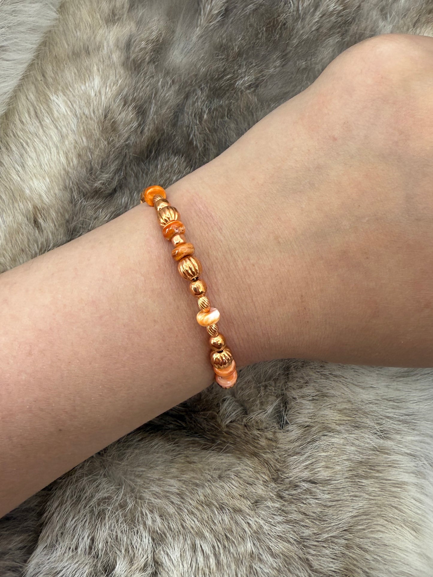 Copper Bead & Orange Spiny Oyster Memory Wire Bracelet