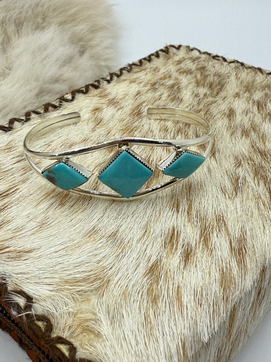 3 Stone Turquoise Cuff by Helen Barbone, Navajo