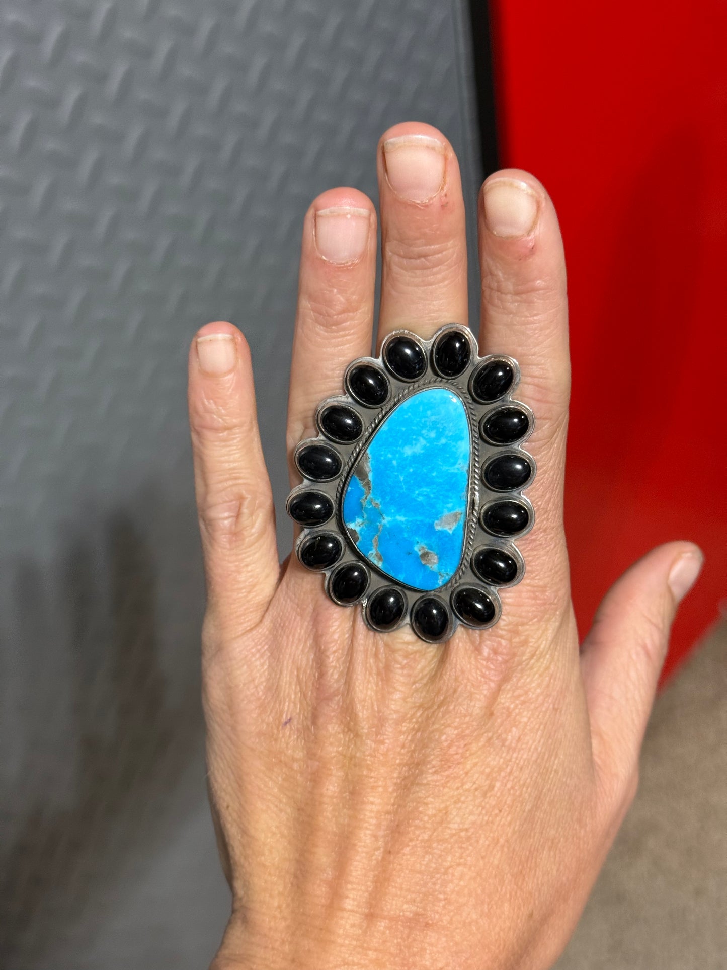 Adjustable Kingman Turquoise and Black Onyx Cluster Ring by Steven Nez, Navajo